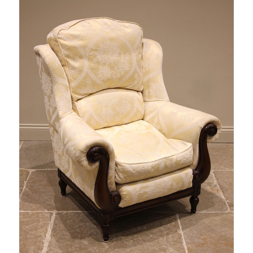 1004 - A George IV style armchair, late 20th / early 21st century, finished in ivory coloured foliate fabri... 