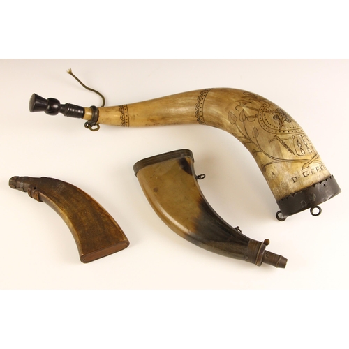 389 - A Victorian Scottish horn and metal mounted powder or shot flask, 19th century, of typical flattened... 