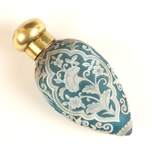 420 - A Victorian cameo glass scent bottle in the manner of Thomas Webb, of teardrop form, the turquoise g... 