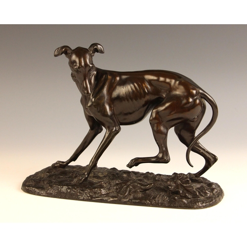 511 - Manner of Pierre-Jules Mene (French, 1810-1879), a patinated spelter model of a whippet or greyhound... 