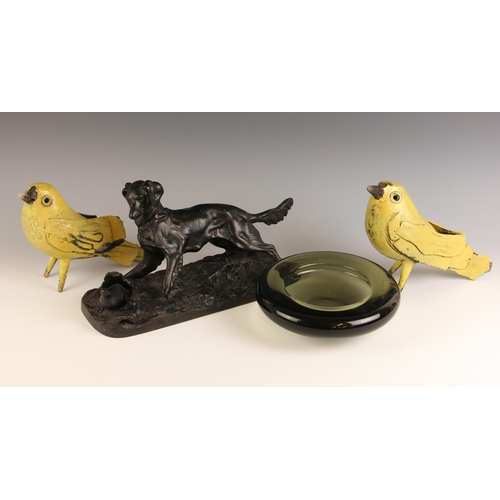 516 - A pair of contemporary painted metal sculptures each modelled as a stylised bird, cast flower mark t... 