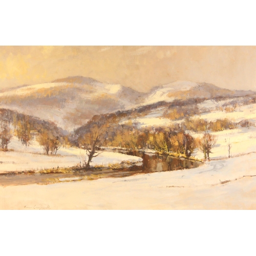 431 - James Longueville PS, RBSA (British, b.1942),  
‘Snow By The Dee, Llangollen’,  
Oil on board,  
Sig... 