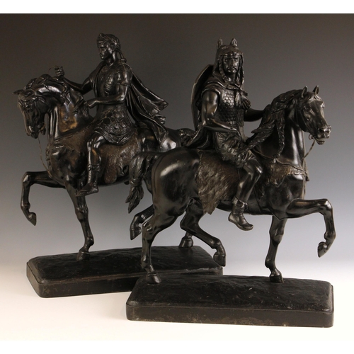 514 - Two continental black painted cast metal figures on horseback, late 19th or early 20th century, one ... 