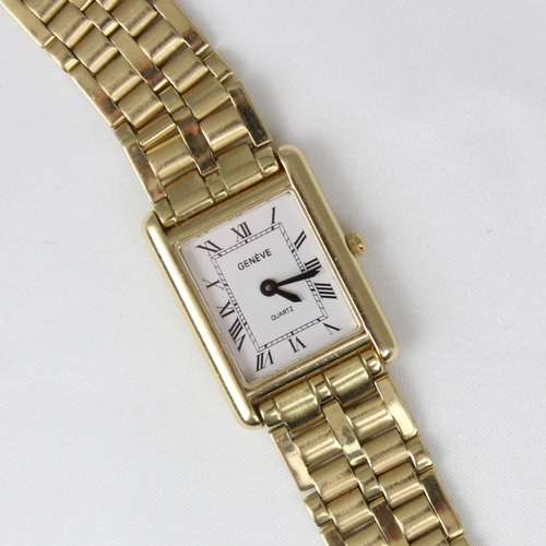 150 - A yellow metal Geneve quartz ladies wristwatch, the rectangular white dial with roman numerals, set ... 