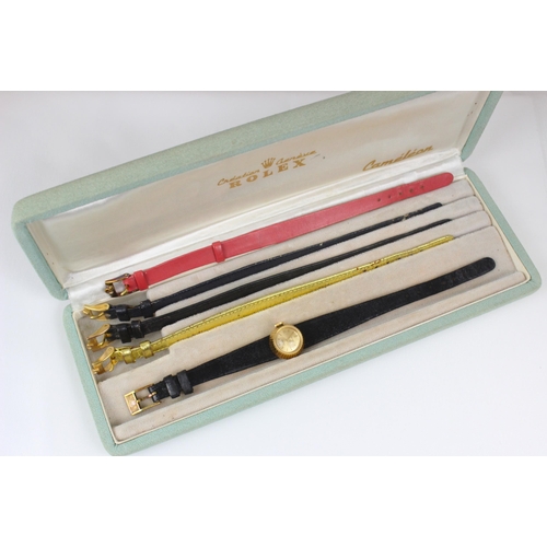 154 - A ladies Rolex Precision Chameleon yellow metal wristwatch, the circular gold coloured dial with bat... 