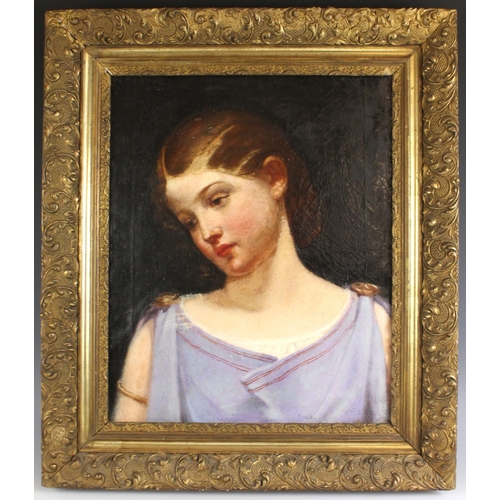 447A - English school (late 19th century),  
A bust length portrait of a young girl in classical robes,  
O... 