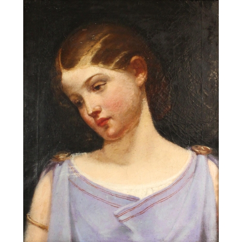 447A - English school (late 19th century),  
A bust length portrait of a young girl in classical robes,  
O... 