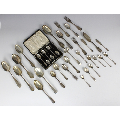 109 - A large selection of silver flatware, including an 18th century silver Hanoverian pattern spoon, Lon... 