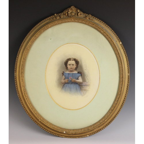 487 - English School (19th century), 
Portrait of a young girl, 
Three-quarter length, 
Overpainted photog... 