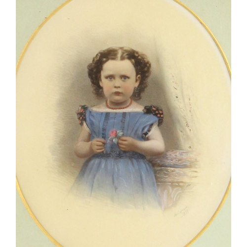 487 - English School (19th century), 
Portrait of a young girl, 
Three-quarter length, 
Overpainted photog... 