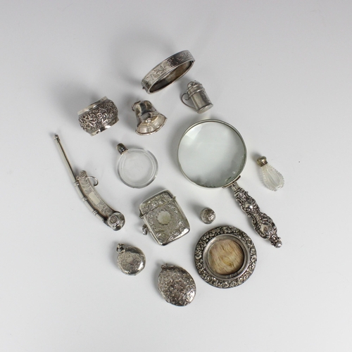 49 - A selection of silver and silver mounted items, including a Victorian bosun whistle, Hilliard & Thom... 