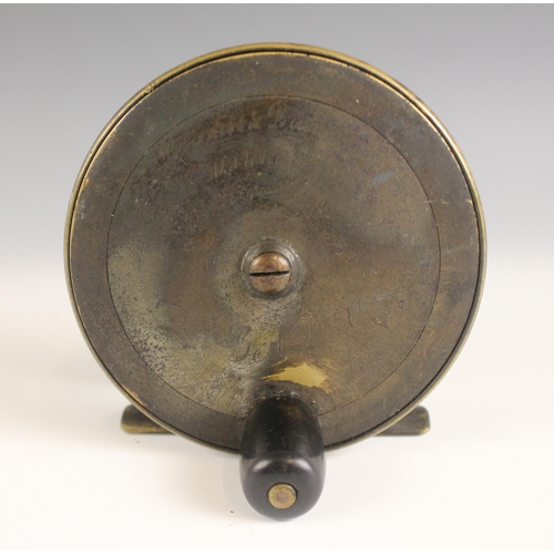 521 - A Bowness and Bowness plate wind salmon reel, late 19th century, applied with an ebonised handle, en... 