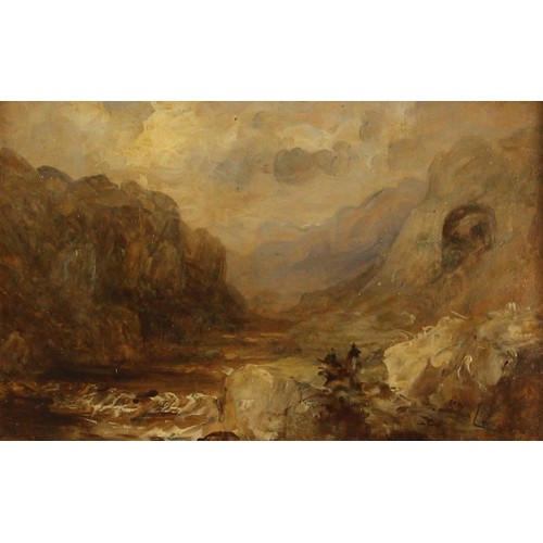 450 - English School (19th century),  
A mountainous scene,  
Oil on panel,  
Unsigned,  
9.5cm x 14cm,  
... 