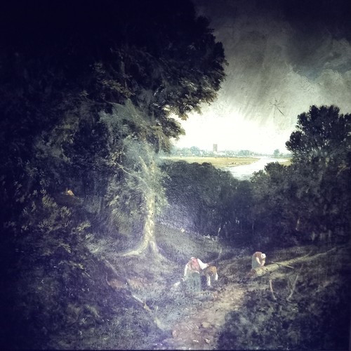 468 - Circle of John Linnell (British, 1792–1882),  
Woodcutters in a landscape with town and river beyond... 