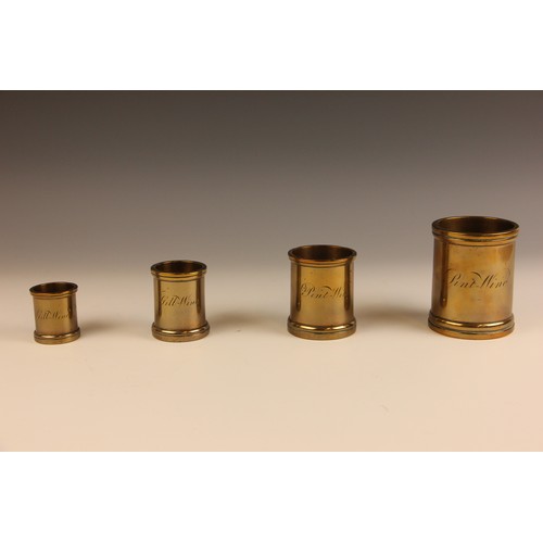 774 - A set of four graduated brass measures by De Grave of London, 19th century, each stamped 'Market Dra... 