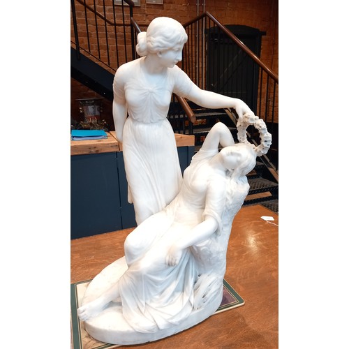 505 - George Frederick Halse (1826-1895),  A large marble figural group, modelled as a reclining maiden ha... 