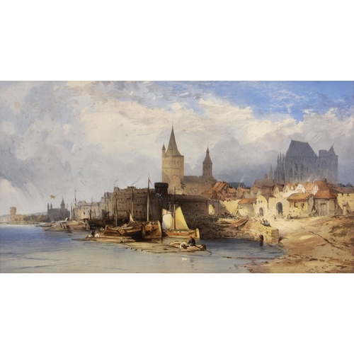 474 - After William Callow RWS (British, 1812-1908),  
Harbour scene with fishermen and cathedral beyond, ... 