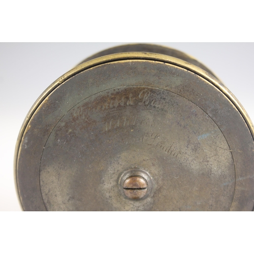 521 - A Bowness and Bowness plate wind salmon reel, late 19th century, applied with an ebonised handle, en... 