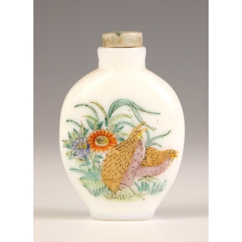 656 - A Chinese painted glass 'Quail' snuff bottle, early 20th century, of compressed circular form and ex... 