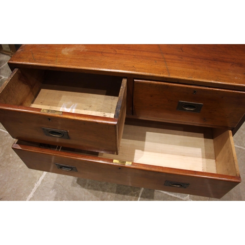 924 - A 19th century mahogany twin section campaign chest of drawers, formed with two short over three lon... 