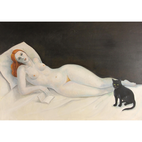 443 - Raoul Mouillard (French, contemporary),  
'Le Nu Au Chat Noir' [Nude With Black Cat],  
Acrylic on c... 