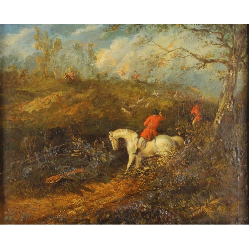 444 - Manner of Heywood Hardy (British, 1842-1933),  
A hunting scene with running fox,  
Oil on panel,  
... 