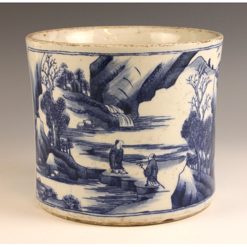 659 - A Chinese porcelain blue and white brush pot, bitong, of gently waisted cylindrical form, externally... 