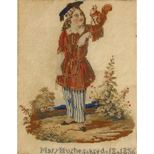 736 - A Victorian wool work embroidery by Mary Hughes, aged 18, depicting a child with a pet squirrel, dat... 