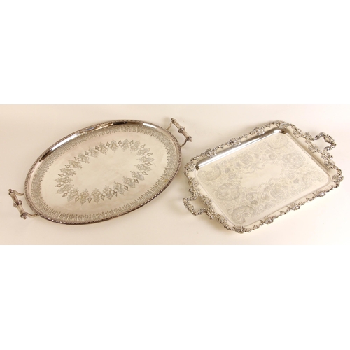 127 - An early 20th century silver plated tray, the foliate cast rectangular rim above florally engraved w... 