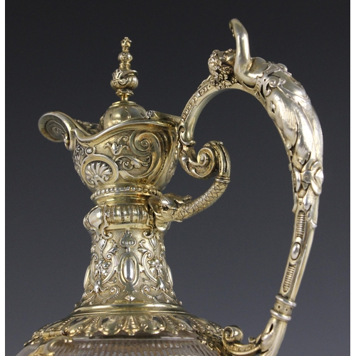 85 - A Victorian silver gilt mounted claret jug, George Edward & Sons, Edinburgh 1887, the cast handle de... 