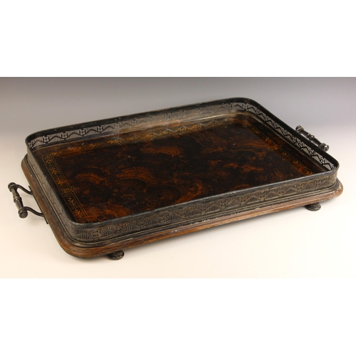 118 - A 19th century silver plated and faux burr veneered two handled tray, applied with a pierced gallery... 