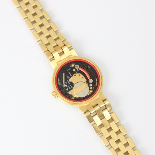 209 - A ladies yellow metal Longines quartz wristwatch, the circular gold coloured dial with baton markers... 