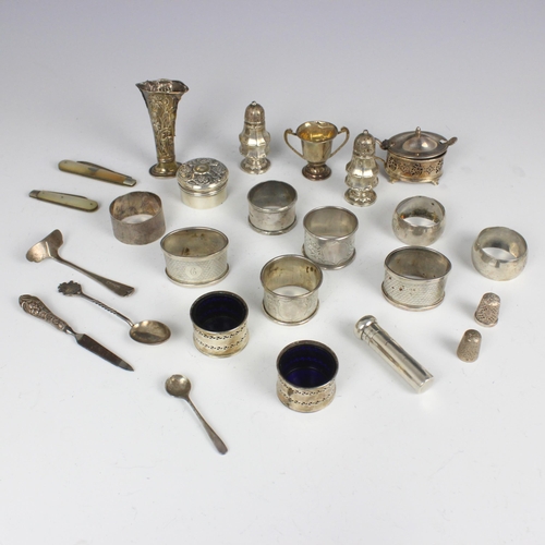 91 - A selection of silver, white metal and silver plated items, including a silver wet mustard, William ... 