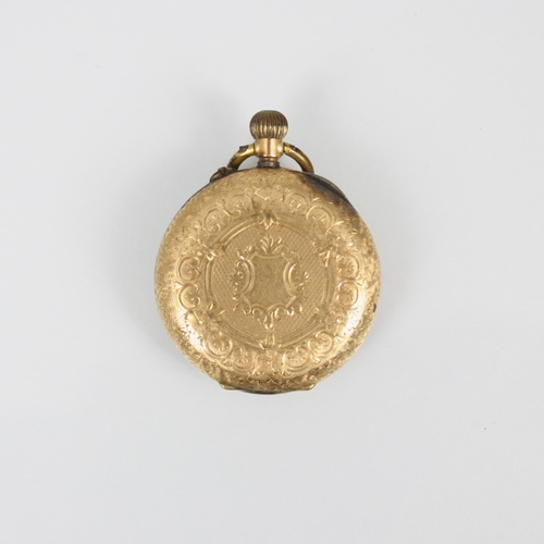 213 - A late 19th century yellow metal ladies fob watch, the brass coloured dial with Roman numerals withi... 