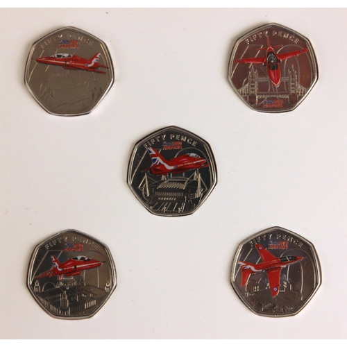 134 - Charles III, Royal Air Force Red Arrows 60th Diamond Season Fifty Pence Collection, Jersey 2024, x5 ... 