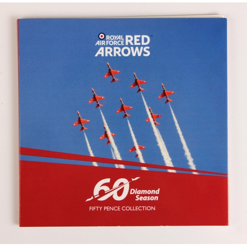 134 - Charles III, Royal Air Force Red Arrows 60th Diamond Season Fifty Pence Collection, Jersey 2024, x5 ... 