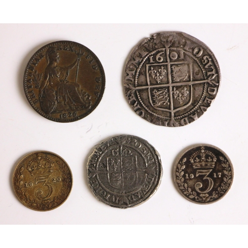 142 - A small collection of English coins to include a 1601 Elizabeth I shilling