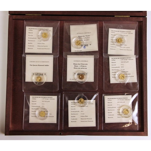 144 - A collection of nine Windsor Mint 1/2 gram proof commemorative yellow metal tokens, capsulated, with... 