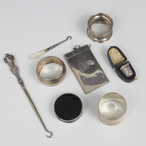 67 - A selection of silver, including a Victorian silver card case, Sampson Mordan & Co, London 1886, of ... 