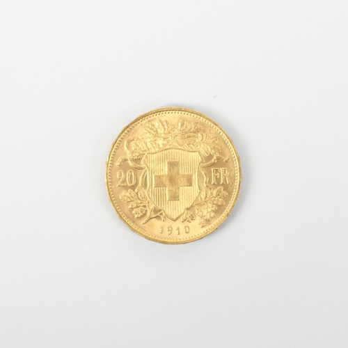 75 - A Swiss 20 Franc Helvetia Coin, dated 1910, 6gms