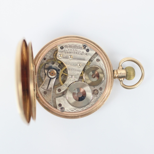 99 - An early 20th century 9ct full hunter pocket watch, the circular white enamel dial with Roman numera... 