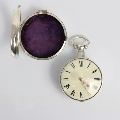 90 - A George IV silver pair cased massey type I pocket watch, the circular white dial with Roman numeral... 