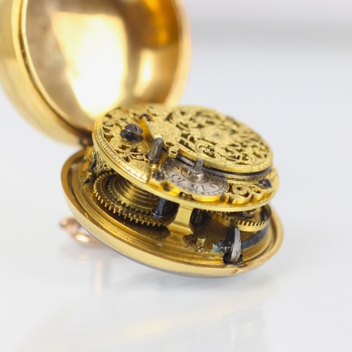 91 - A George II Andrew Dunlop verge yellow metal pocket watch, the circular white dial with Roman numera... 