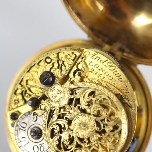 91 - A George II Andrew Dunlop verge yellow metal pocket watch, the circular white dial with Roman numera... 
