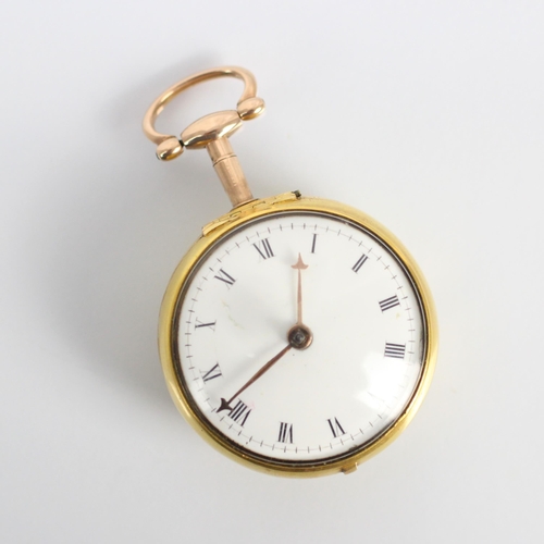 91 - A George II Andrew Dunlop verge yellow metal pocket watch, the circular white dial with Roman numera... 