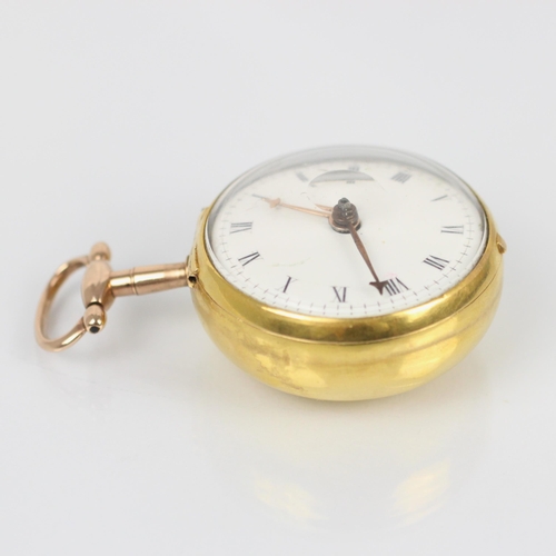 91 - A George II Andrew Dunlop verge yellow metal pocket watch, the circular white dial with Roman numera... 