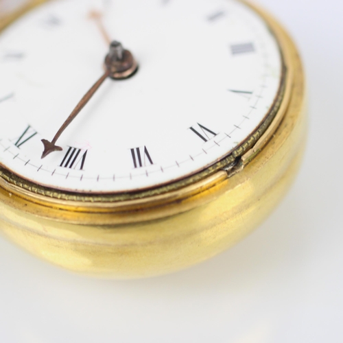 91 - A George II Andrew Dunlop verge yellow metal pocket watch, the circular white dial with Roman numera... 