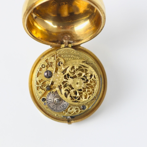 91 - A George II Andrew Dunlop verge yellow metal pocket watch, the circular white dial with Roman numera... 