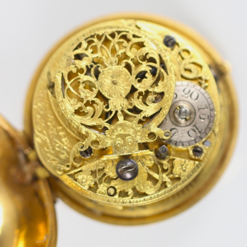 91 - A George II Andrew Dunlop verge yellow metal pocket watch, the circular white dial with Roman numera... 