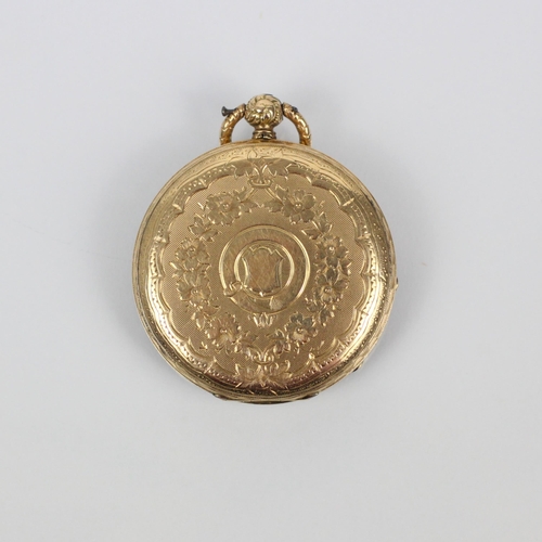 98 - A 19th century pocket watch, the circular gold coloured engraved dial with Roman numerals, set to fl... 